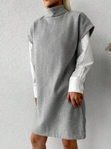 EURMUSE Turtleneck Batwing Sleeve Dress Without Belt & Blouse - Light Grey - View 5