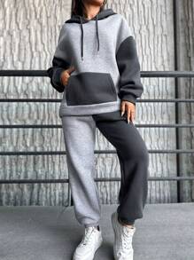 EURMUSE Two Tone Kangaroo Pocket Drop Shoulder Drawstring Hoodie & Sweatpants - Multicolor - View 4