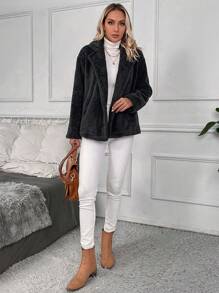 SHEIN LUNE Lapel Neck Double Breasted Teddy Coat - Dark Grey - View 5