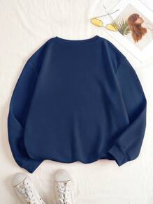 SHEIN Essnce 標語圖案加絨內裏運動衫 - 寶藍色 - 查看 2