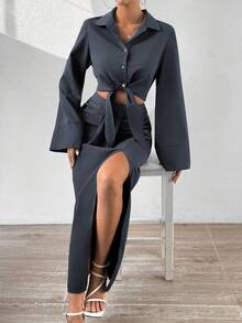 SHEIN Clasi Solid Knot Front Shirt Dress - Dark Grey - View 4