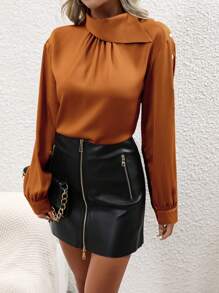 SHEIN Privé 素色褶皺細節緞面襯衫 - 棕色 - 查看 1