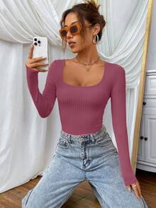 SHEIN EZwear Scoop Neck Ribbed Knit Tee - Dusty Pink - View 3