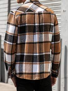 男士格紋印花翻蓋口袋襯衫式夾克 - 卡其色 - 查看 2