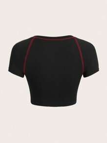 SHEIN EZwear Áo thun nữ Đường may lộ ra ngoài Ô tô/xe hơi Lá thư Giải trí - màu đen - Xem 2