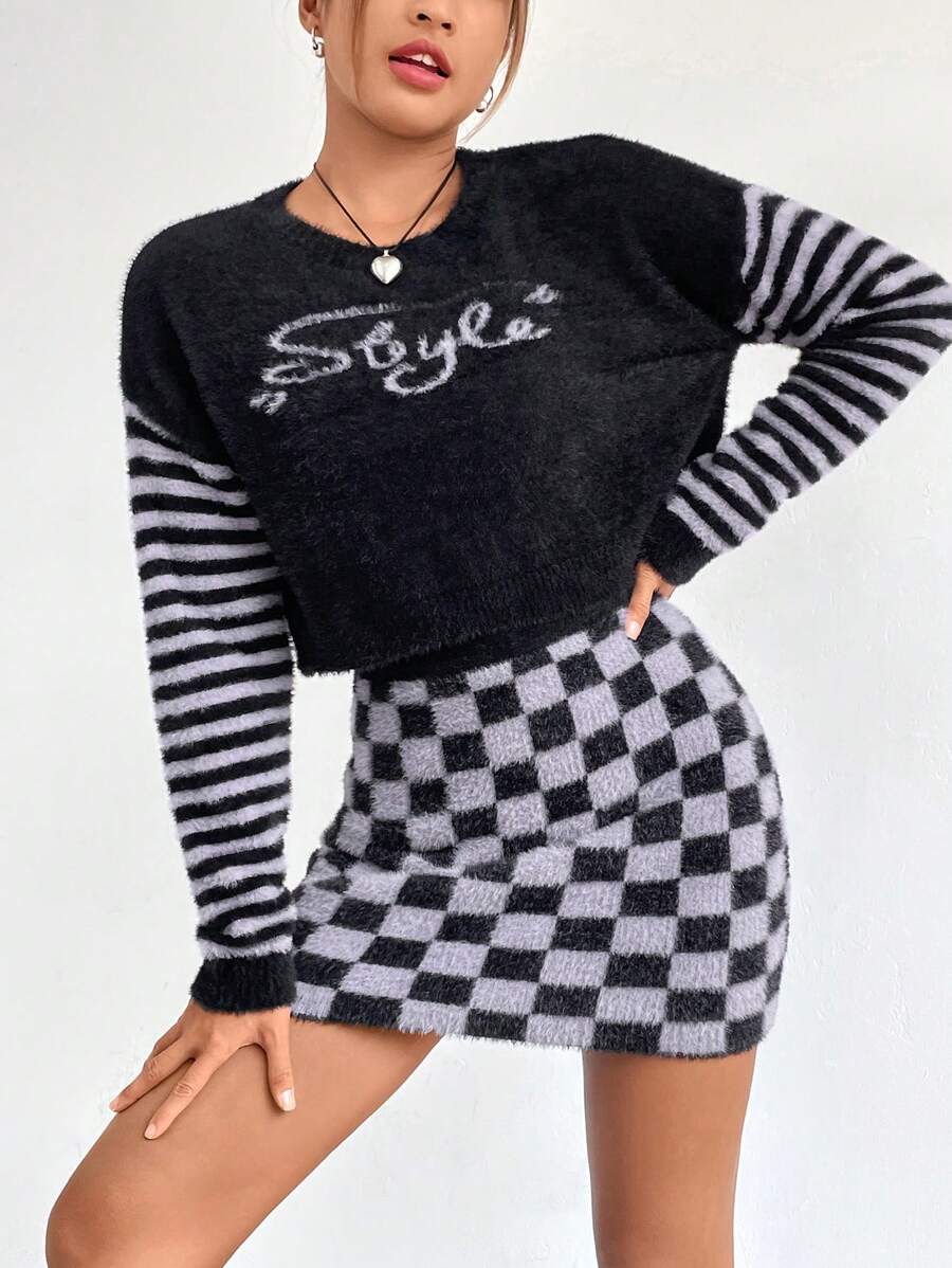 Chiquease Letter Pattern Drop Shoulder Sweater & Checker Pattern Knit Skirt Fall Cloth For Women - Black - View 1