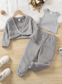 SHEIN Young Girl Solid Tank Top & Pants & Button Up Flannel Top - Grey - View 1