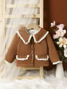 Baby Girl Contrast Frill Trim Statement Collar Flap Detail Thermal Lined Coat - Brown - View 1