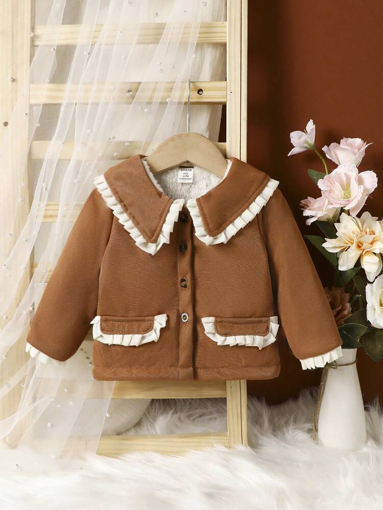 Baby Girl Contrast Frill Trim Statement Collar Flap Detail Thermal Lined Coat