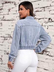 SHEIN LUNE Flap Detail Beaded Drop Shoulder Denim Jacket - Medium Wash - View 2