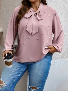 SHEIN CURVE+ Plus Pearls Beaded Tie Neck Lantern Sleeve Blouse - Pink - View 4