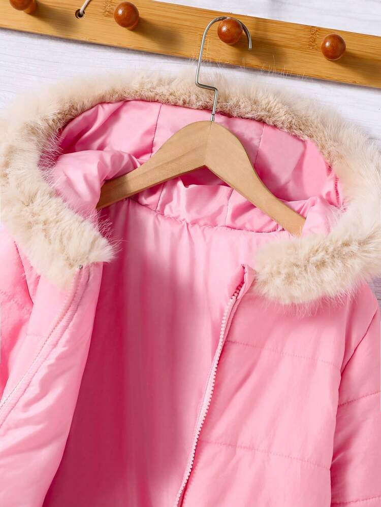 Tween Girl Fuzzy Trim Hooded Thermal Lined Padded Coat Without Sweater