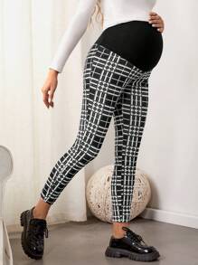 SHEIN Maternity Plaid Print Leggings - Black and White - View 5