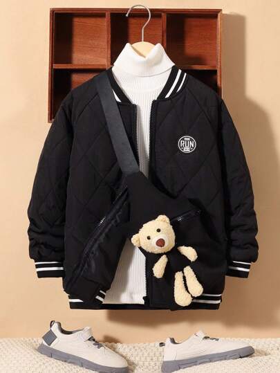 SHEIN 男大童字母貼布條紋飾邊轟炸機絎縫外套附包無毛衣