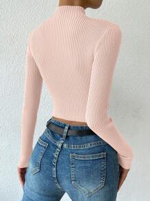 Chiquease Cổ giả Đồ đan Ribbed Áo len Crop - Màu Hồng baby - Xem 2