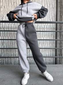 EURMUSE Two Tone Kangaroo Pocket Drop Shoulder Drawstring Hoodie & Sweatpants - Multicolor - View 5