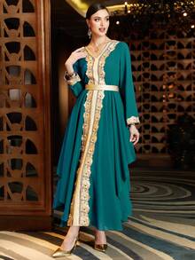 Al Najma Contrast Trimmed Belted Kaftan - Teal Blue - View 7
