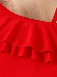 Sparklyn Tween Girl Asymmetrical Neck Ruffle Trim Crop Top,Holiday,Summer,Travel - Red - View 5