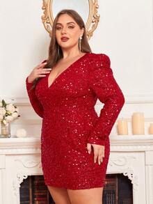 Double Crazy Plus Plunging Neck Gigot Sleeve Sequin Bodycon Dress - Red - View 4