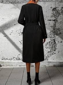 Chiquease Panel Tương phản Đôi ngực Thắt lưng Áo khoác Trench - màu đen - Xem 2