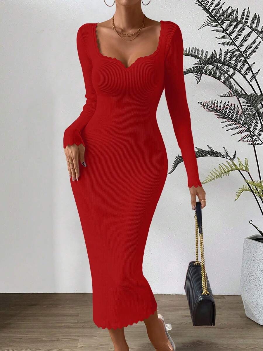 Chiquease Abito aderente in maglia collo a cuore con orlo smerlato - Rosso - Visualizzare 1