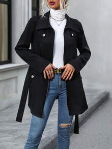 SHEIN LUNE Zip Up Slant Pocket Belted Coat - Black - View 4