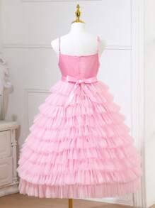 SHEIN Glamorique Kids Tween Girl Layer Mesh Hem Cami Party Dress - Pink - View 2