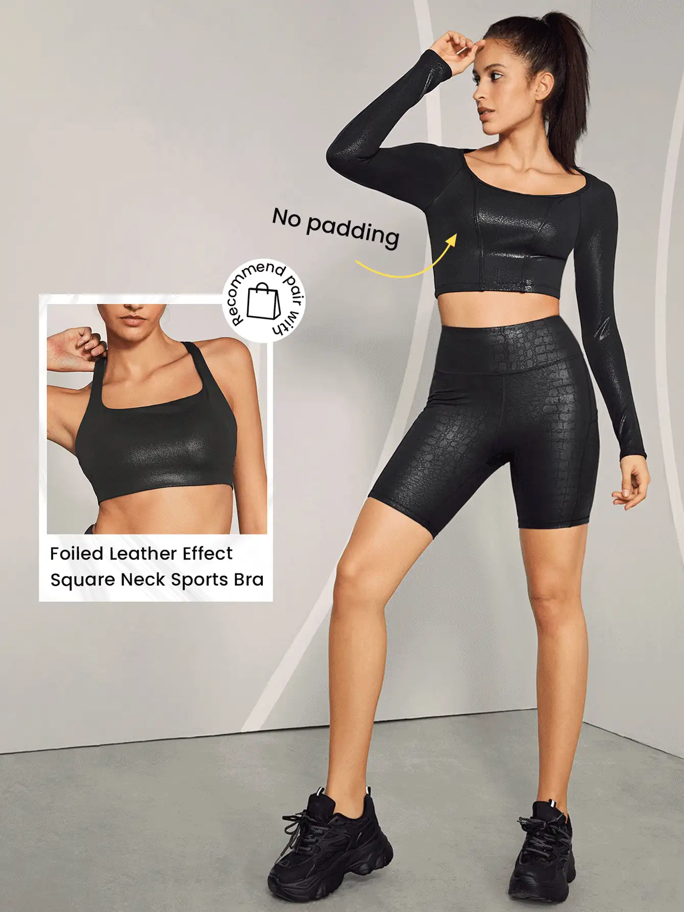 GLOWMODE Foiled Leather Effect Scoop Neck Long Sleeve Crop Active Top - Black - View 5