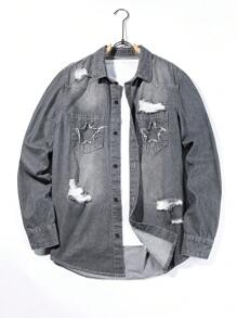 Manfinity Homme Men Ripped Denim Shirt Without Tee - Grey - View 1