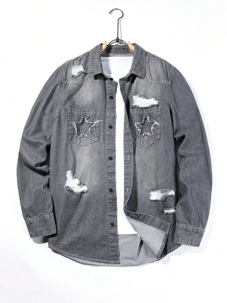 Manfinity Homme Men Ripped Denim Shirt Without Tee - Grey - View 1