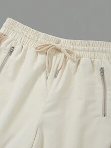 SHEINNeu 拼接側邊接縫腰部抽繩直筒褲 - 卡其色 - 查看 5