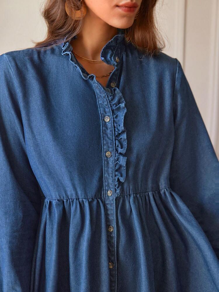 Women's Casual Frill Trim Button Front Long Sleeve Denim Dress, Autumn Winter
