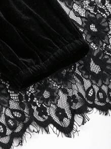 DAZY Contrast Lace Hem Velvet Dress,Fall Dress Long Sleeve Dress