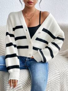 SHEIN Frenchy 條紋圖案落肩袖開襟衫 - 黑與白 - 查看 1