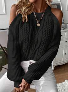 SHEIN LUNE Cold Shoulder Cable Knit Sweater,Long Sleeve Tops Knit Pullover Fall Winter Sweater - Black - View 3