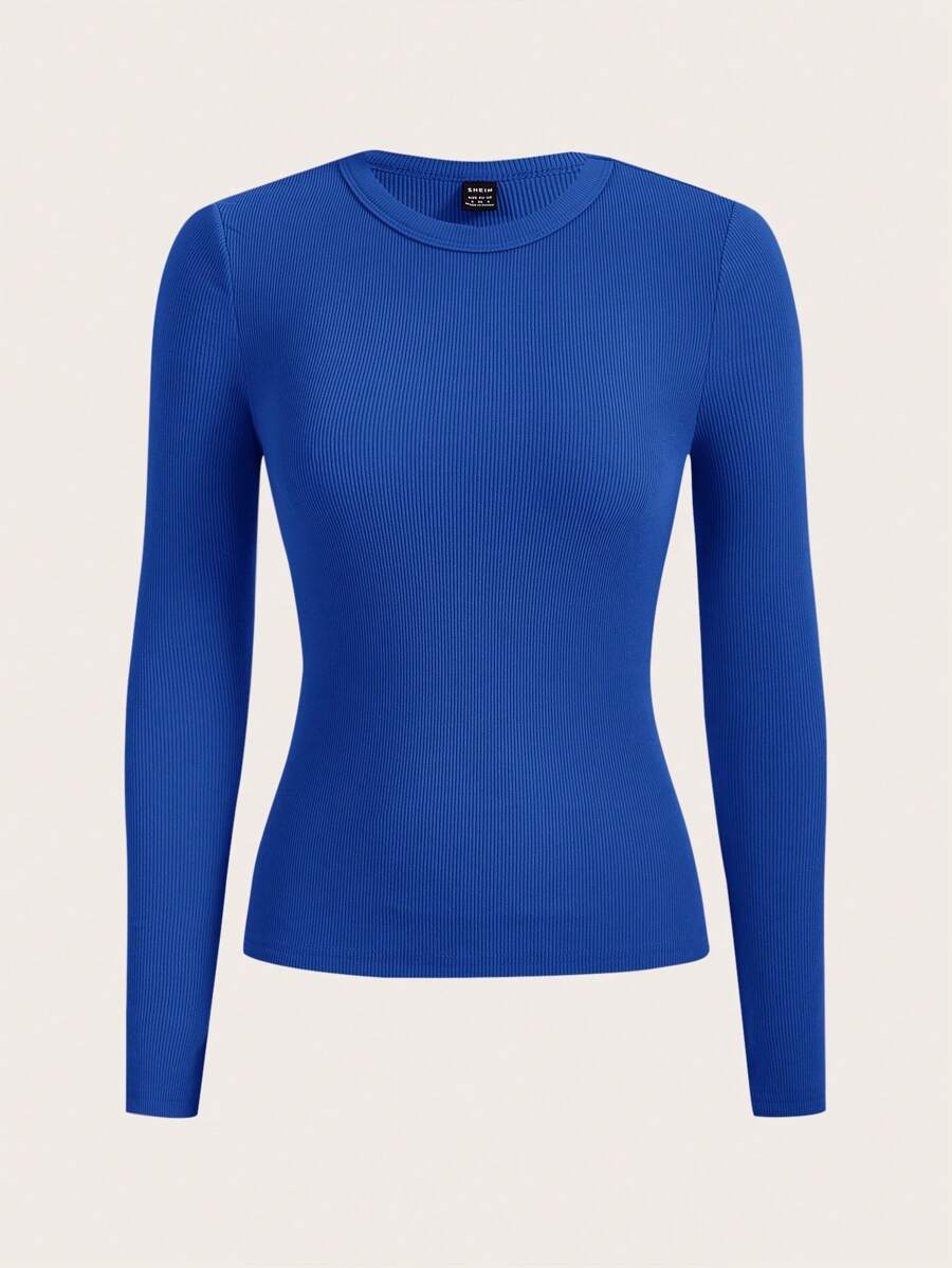 SHEIN BASICS Chất rắn Đồ đan Ribbed Áo thun - Xanh đậm - Xem 1