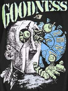 Studio Chunk 街头风格女士破碎字母印花宽松 T 恤，卡通图案 T 恤 - 黑色 - 查看 3