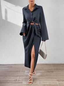 SHEIN Clasi Solid Knot Front Shirt Dress - Dark Grey - View 6