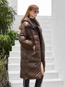 ZIAI Zip Up Hooded Down Coat - Camel - View 4