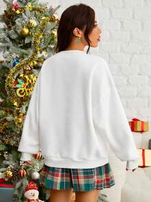 SHEIN EZwear Sudadera con estampado de oso y letra de hombros caídos - Blanco - Ver 2