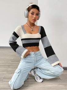 SHEIN Unity 撞色方领短款针织套头衫 秋冬毛衣 - 黑色 - 查看 6