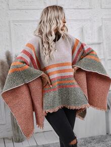 SHEIN LUNE Striped Pattern Fringe Trim Poncho Sweater - Multicolor - View 4