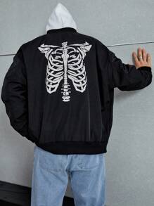 Manfinity Roghcode Men's Skeleton Print Drop Shoulder Oversized Outdoor Windbreaker Jacket - Black - View 3