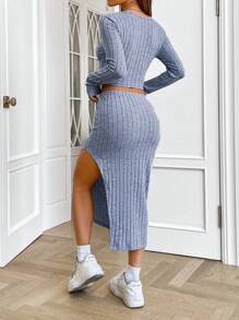 SHEIN EZwear 素色短款T恤&高衩半身裙 - 藍色 - 查看 2