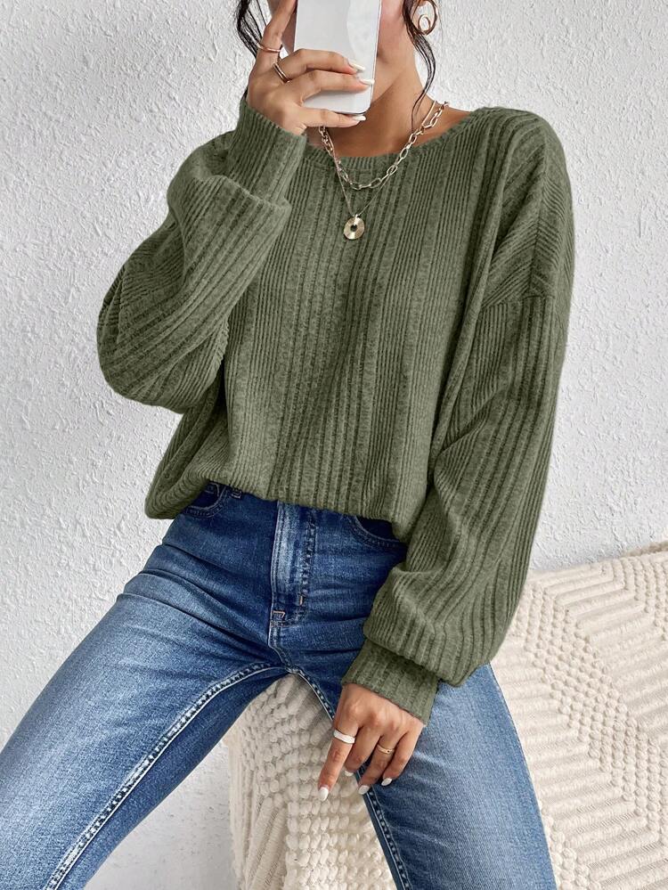 Solid Drop Shoulder Tee Winter Green Casual Christmas Spring
