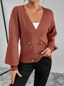 SHEIN Privé Cárdigan con hombros caídos y doble botonadura - Café integral - Ver 3