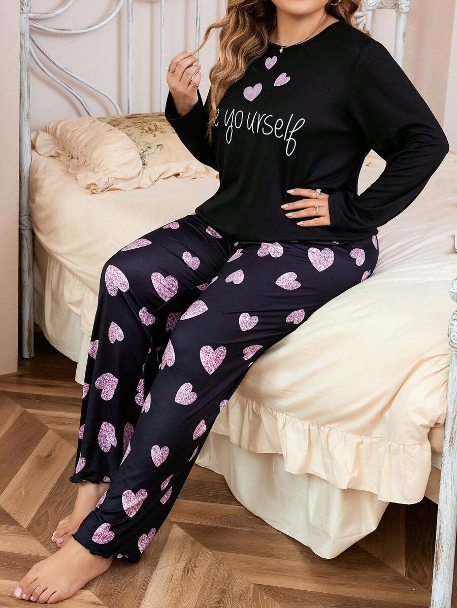 大碼愛心和字母圖案睡衣套裝 - 黑色 - 查看 1