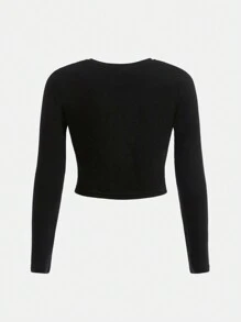 Tween Girls' Basic Casual Knit Round Neck Long Sleeve T-Shirt With Letter Print - Black - View 2