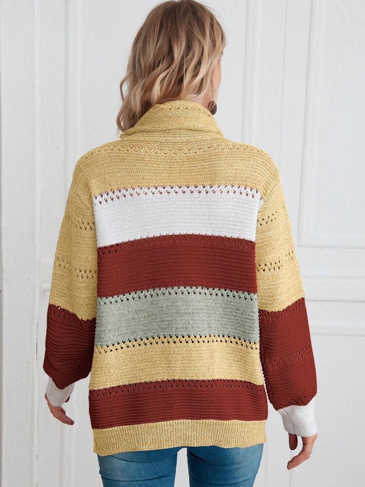 Color Block Cowl Neck Button Detail Pointelle Knit Pullover Fall Winter Sweater