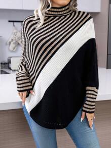 SHEIN LUNE Plus Striped Pattern Turtleneck Batwing Sleeve Sweater - Multicolor - View 1